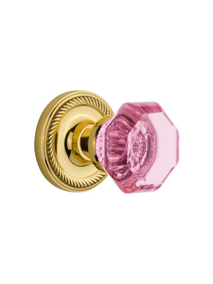 Rope Rosette Door Set with Colored Waldorf Crystal Glass Knobs Pink in Un-Lacquered Brass.